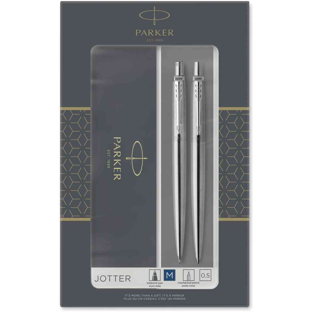 Parker Duo Set Jotter Stainless Steel Chrome Trim Ballpoint and Mechanical Pencil M Blue ink