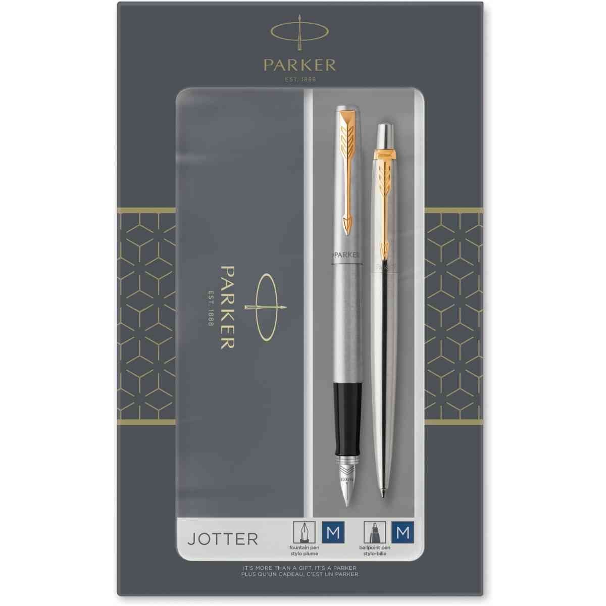 Parker Duo Set Jotter Stainless Steel Gold Trim Ballpoint and Fountain Pen M Blue ink