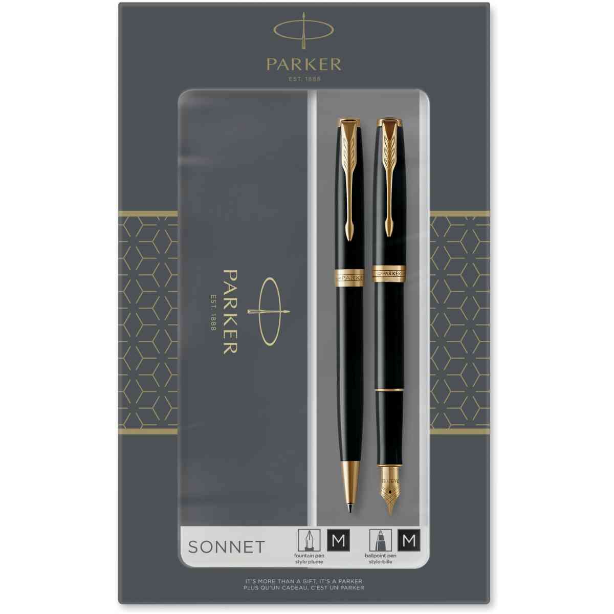 Parker Duo Set Sonnet Black Gold Trim Ballpoint and Fountain Pen M Black ink