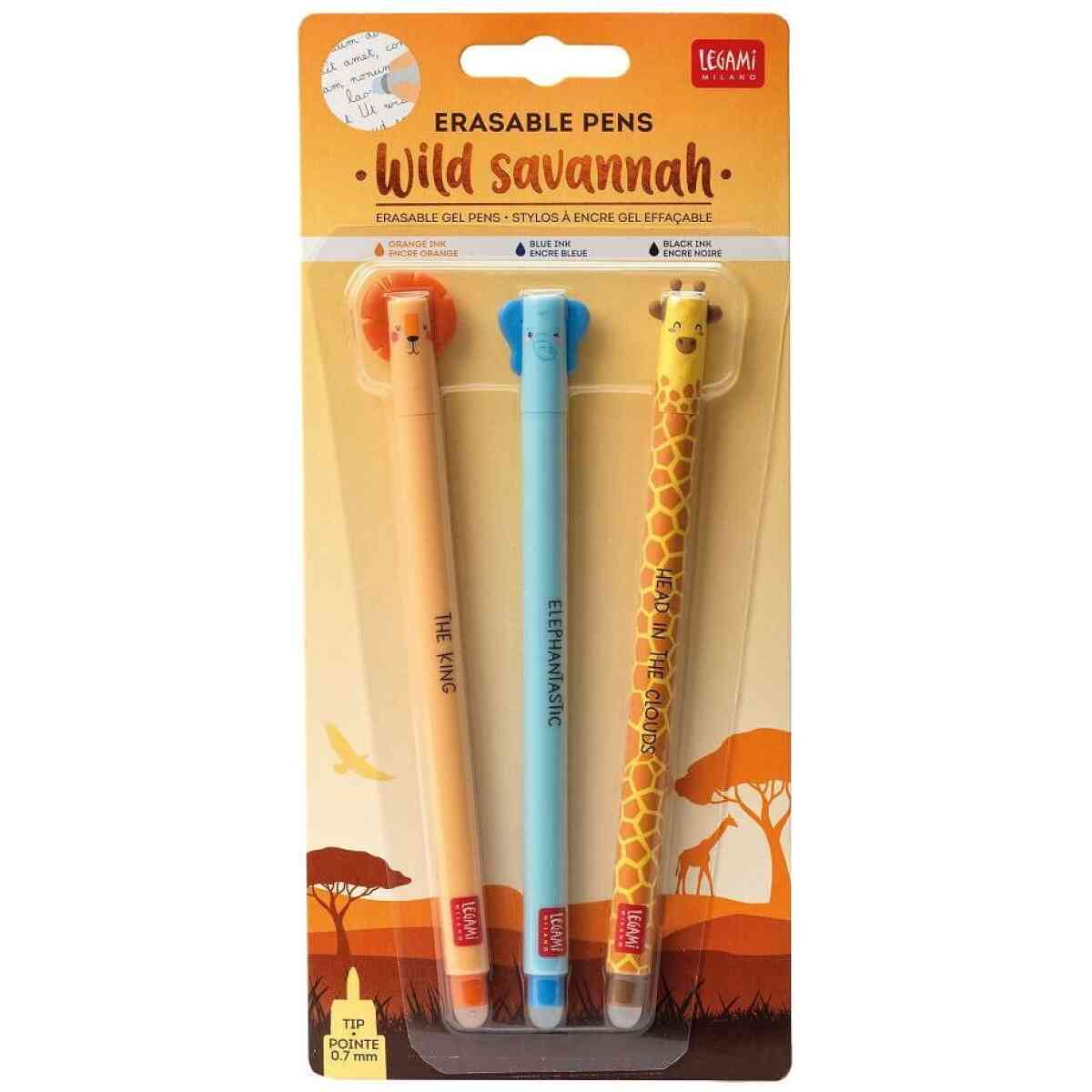 Erasable gel pen, 3-pack, Lion/Elephant/Giraffe, gelpennor med utsuddbart bläck