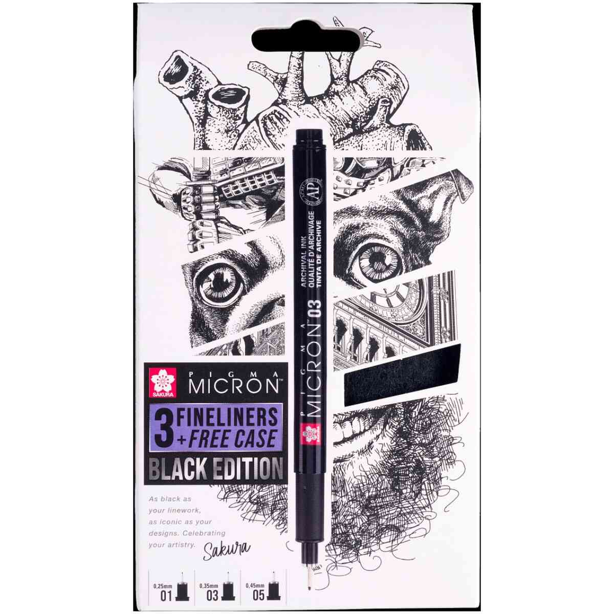 Pigma Micron - Black Edition + Free Case - 3 Fineliner + Fodral