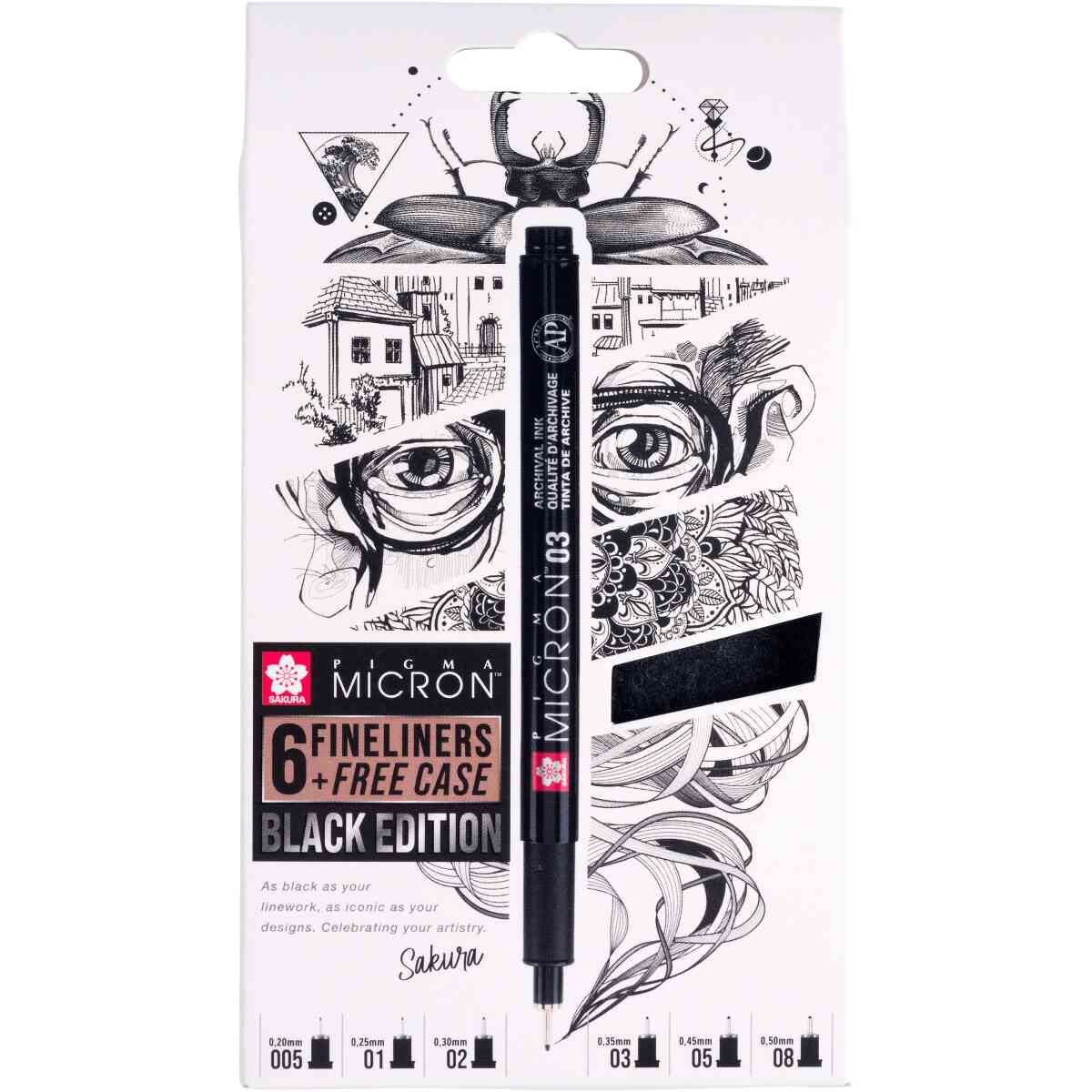 Pigma Micron - Black Edition + Free Case - 6 Fineliner + Fodral