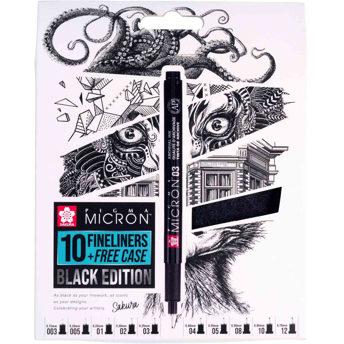 Pigma Micron - Black Edition + Free Case - 10 Fineliner + Fodral