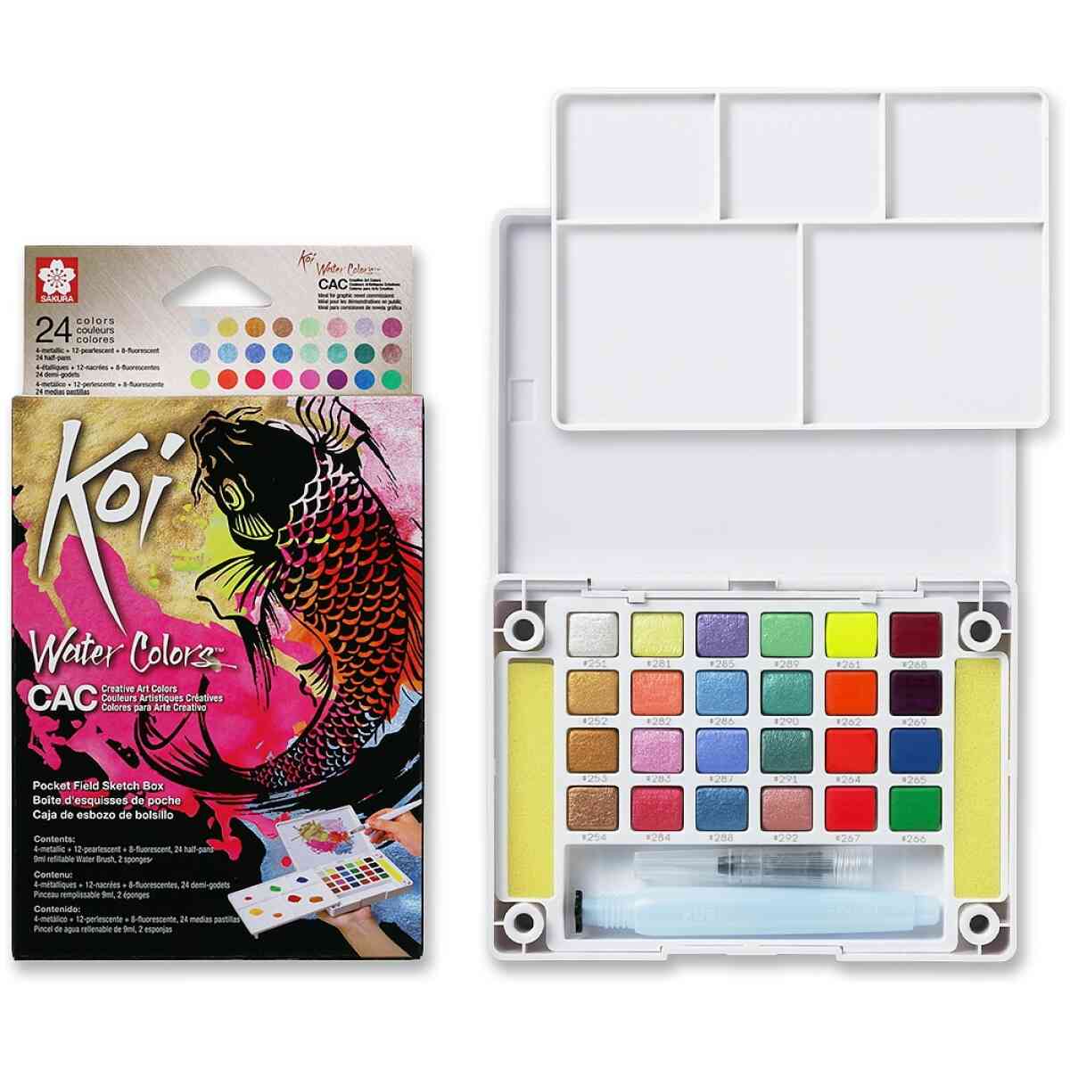 Koi Water Colors Pocket Field Sketch Box Creative Art Colors, 24 half pans + Brush